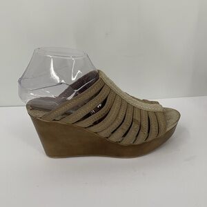 Donald Pliner Jackie slide platform wedge sandals strappy tan gold metallic 6.5